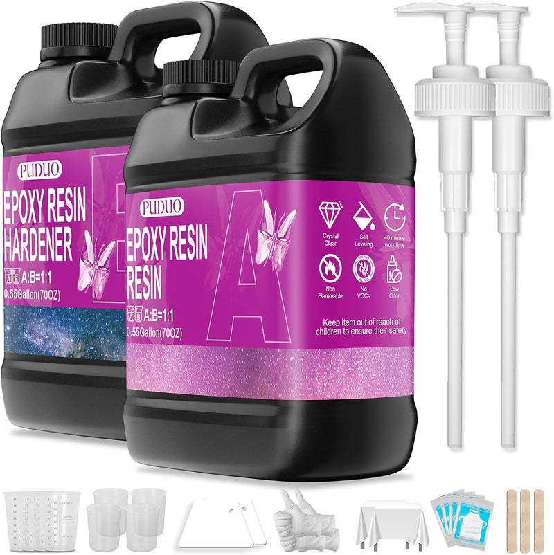 Puduo Epoxy Resin Kit 1.1Gallon，Newly Formulated Crystal Clear Epoxy Resin，Strong, Bubble-Free, Anti-Yellowing Art Resin That，Suitable for Casting, DIY, Resin Art, Molds, Easy to Mix 1:1 Ratio - Image 1